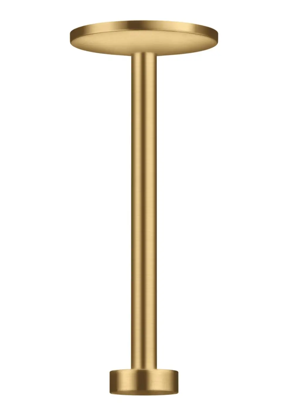 Deckenanschluss in gebürstetem Gold von AXOR, mit runder Plattenoberfläche und stabilem, zylindrischem Fuß zur Montage. Ideal für Kopfbrausen.